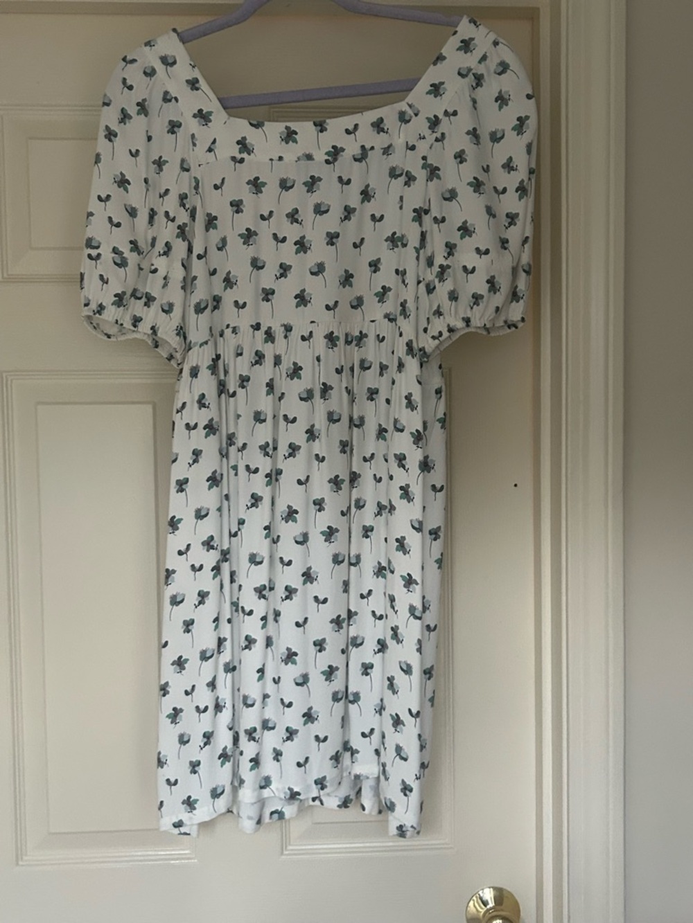 LOFT White & Green Floral Puff-Sleeve Dress - S/M